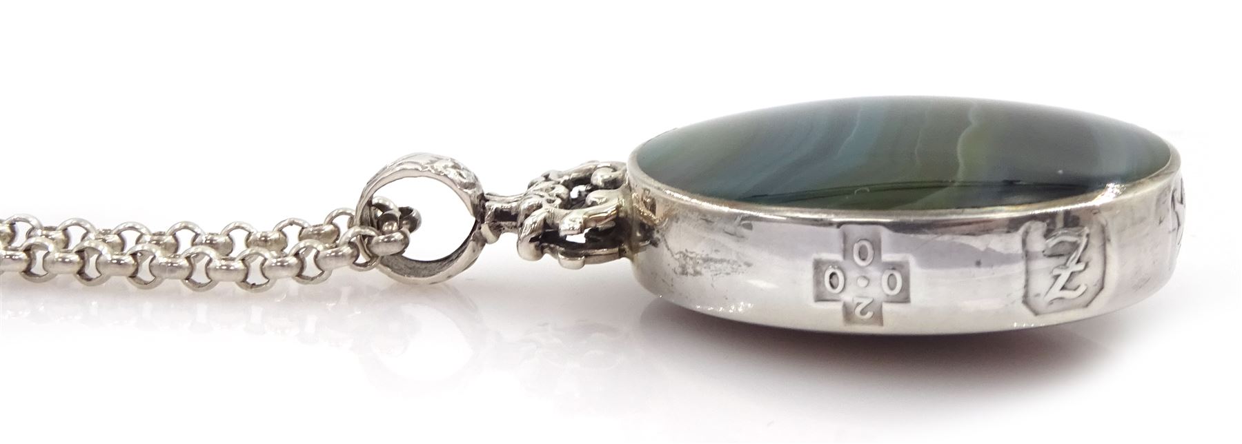 Silver moss agate and banded green agate pendant by David Scott Walker, Sheffield 1999, on silver belcher link chain necklace, stamped 925