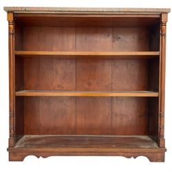 Late Victorian mahogany open bookcase, rectangular marble top over two shelves, flanked by split turned pilasters, on bracket feet