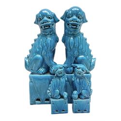 Two pairs of Chinese Foo dogs in blue glaze, tallest H33cm