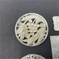 Two silver fruit knives with mother of pearl handles, hallmarked, mother of pearl tokens and similar items 