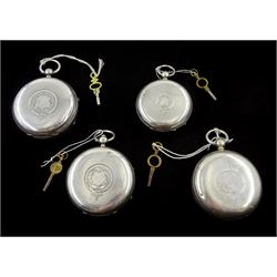 Four Victorian and Edwardian silver open face English lever pocket watches by Thomas Russell & Sons, Liverpool; F Turner, Penrith; John Mason, Rotherham & Barnsley and L Milhood?, Manchester, enamel and silvered dial with Roman numerals, engraved cases with cartouche hallmarked