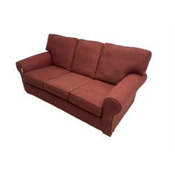 Multiyork - traditional three seat sofa upholstered in claret red fabric (W200cm H80cm); and pair matching armchairs (W103cm) 