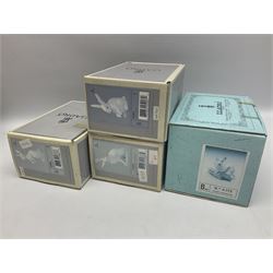 Four Lladro rabbit figures, comprising, Hippity Hop no 5886, Sitting Bunny no 5907, Washing up no 5887, and Rabbit Eating no 4773, largest example 14cm  