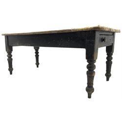 Victorian pine farmhouse dining table, rectangular plank top on painted base, fitted with two end drawers, on turned supports 