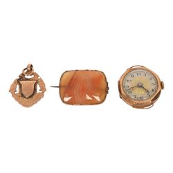 18ct gold diamond ring and 9ct gold jewellery, including fob, stone set ring, signet ring, ladies wristwatch and agate brooch