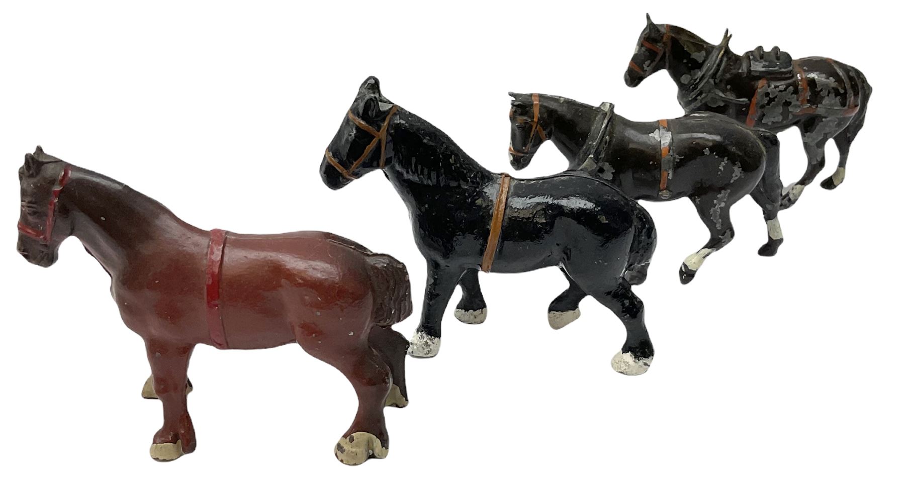 Lead figures by F.G. Taylor, Britains, Johilco, Crescent, Stoddart etc comprising twenty-six horses including three with riders and seven donkeys/ponies; various scales (33)