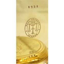 18ct gold full hunter keyless quarter repeating lever pocket watch, the gold inner dust cover engraved 'No 540 Antonio Veronesi Cairo', white enamel dial with Arabic numerals, case by Paul Jeannot  Geneve, stamped 18K