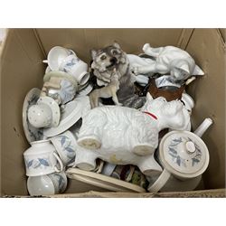 Quantity of brass and copper miniatures, ceramic Shire horse figure and cart, various ceramics, three clocks, animal figures etc in five boxes
