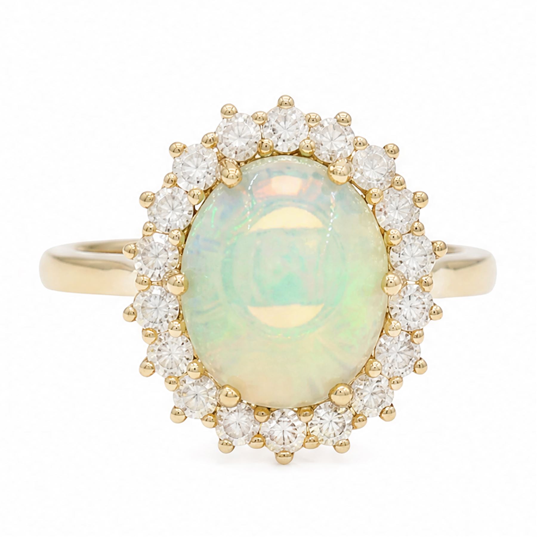 9ct gold opal and diamond cluster ring, single cabochon cut opal of approx 1.95 carat, surrounded by eighteen round brilliant cut diamonds, total diamond weight approx 0.80 carat