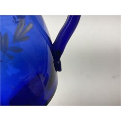 Pair of Victorian cobalt blue glass cups with gilt and painted decoration, entitled Hope's the Balm of Life and Love me as I Love Thee, H8.5cm