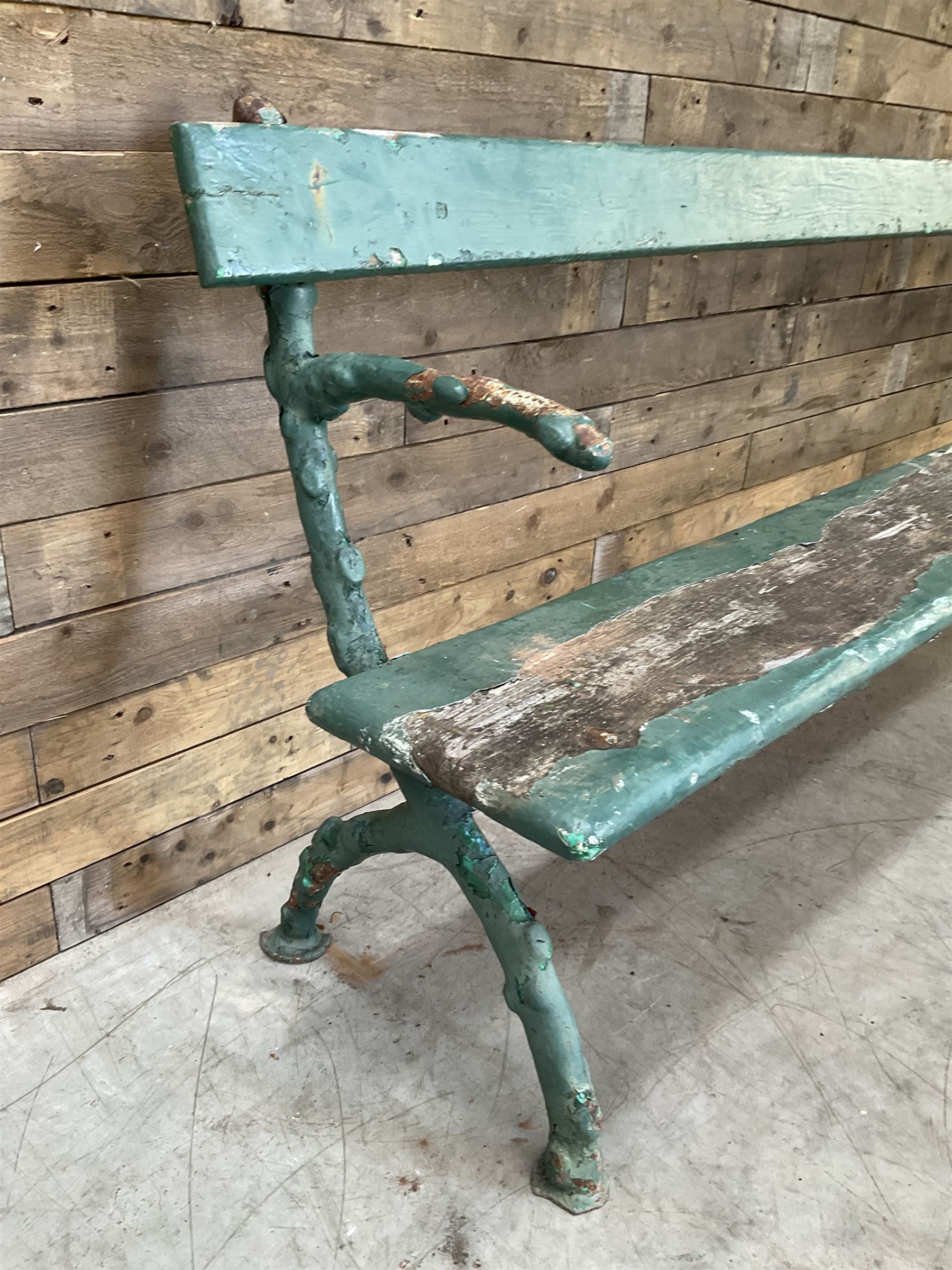 Early 20th century cast iron framed faux bois garden bench, timber seat and back rest