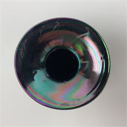 20th century studio glass vase, of baluster form with fluted rim, decorated in an iridescent green purple lustre, with unpolished pontle, H19cm