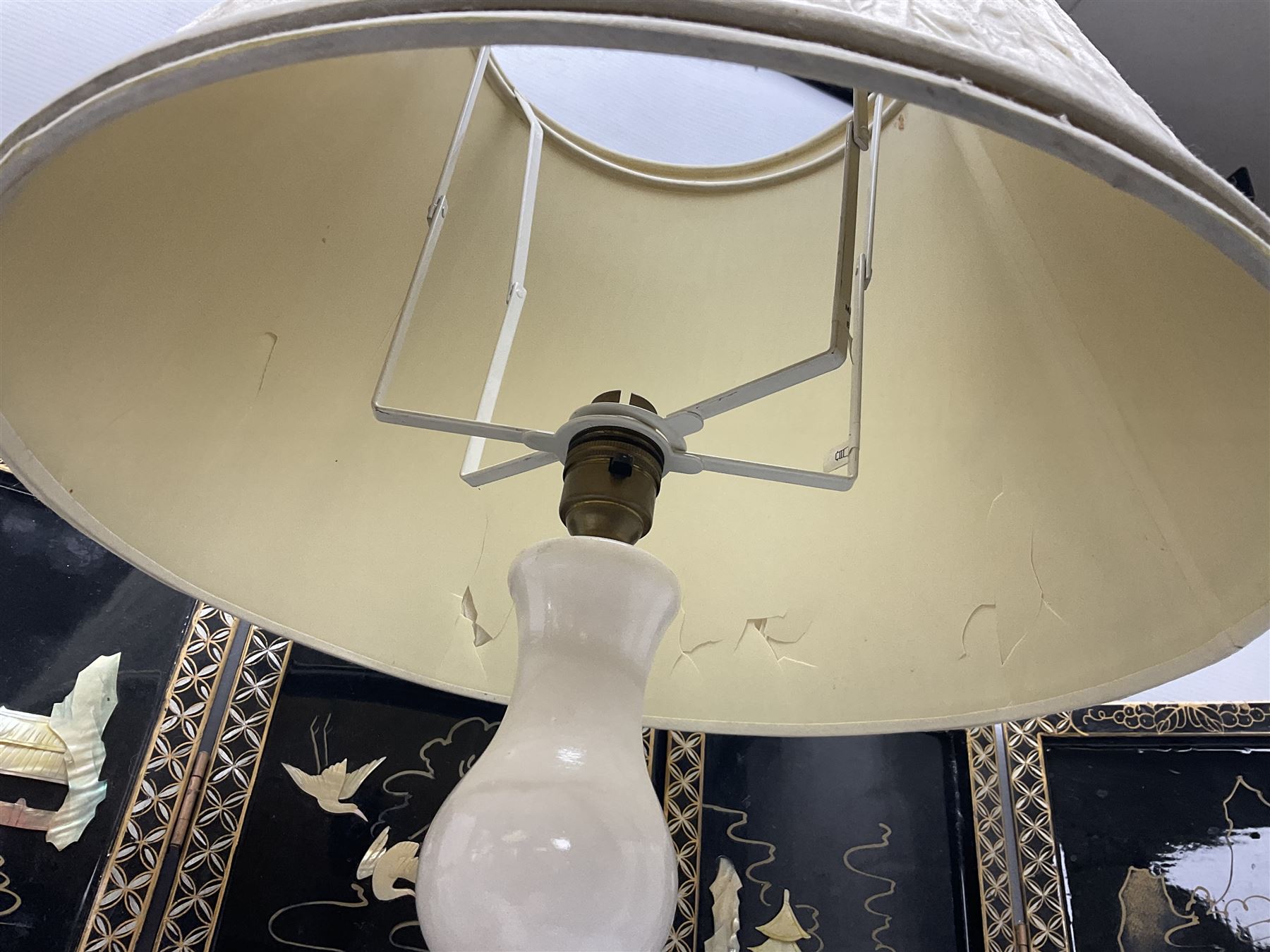 Soapstone table lamp, with carved floral stem, together with three other table lamps, metal candelabra and candlestick, Charles Burton Barber framed print and a Chinese table screen etc 