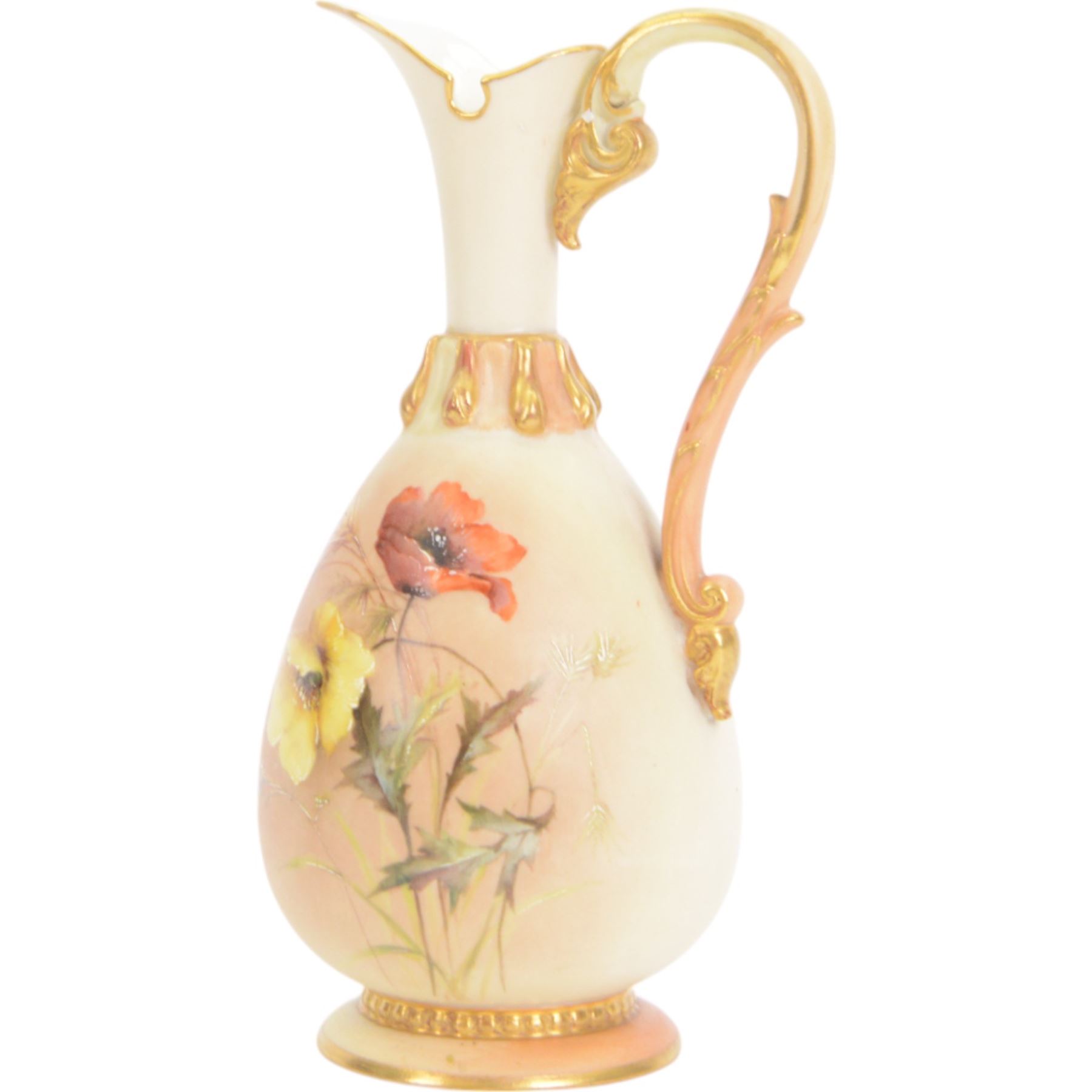 Royal Worcester ewer, decorated with poppies upon a blush ivory ground, with printed puce marks beneath, H15cm