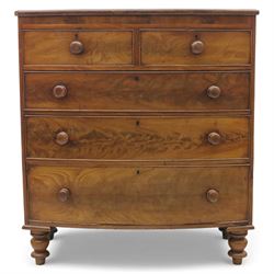 19th century mahogany bow-front chest, with two short over three long graduated drawers, fitted with turned wooden knobs, raised on turned bun feet
