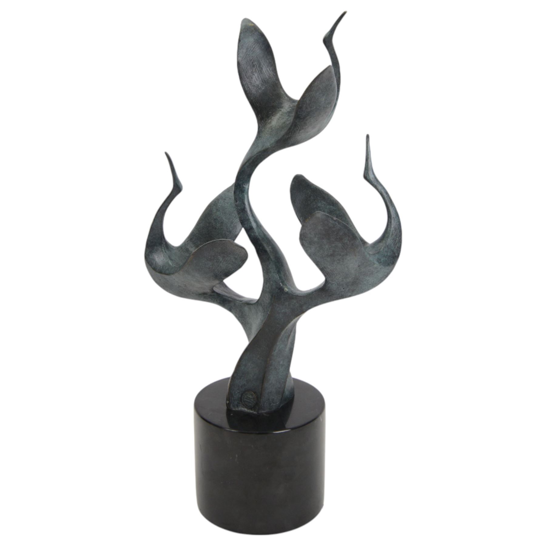 Bronze sculpture modelled as a trio of herons taking flight upon a circular marble base, signed and with foundry mark, H47cmH44cm