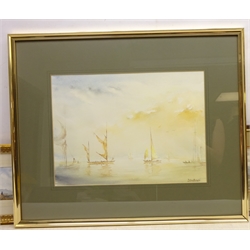  Fishing Boats in Stormy Weather, 19th century watercolour indistinctly signed J Heety? and dated '69, Fishing Boat at Sea, watercolour signed by Ken Perry, and two other watercolours max 33cm x 45cm (4)  