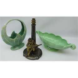  Art Deco bronzed spelter table lamp modelled as a Pierrot seated playing the Guitar on shaped oval base, H32cm Beswick basket and Shorter & Sons two handled planter (3)  