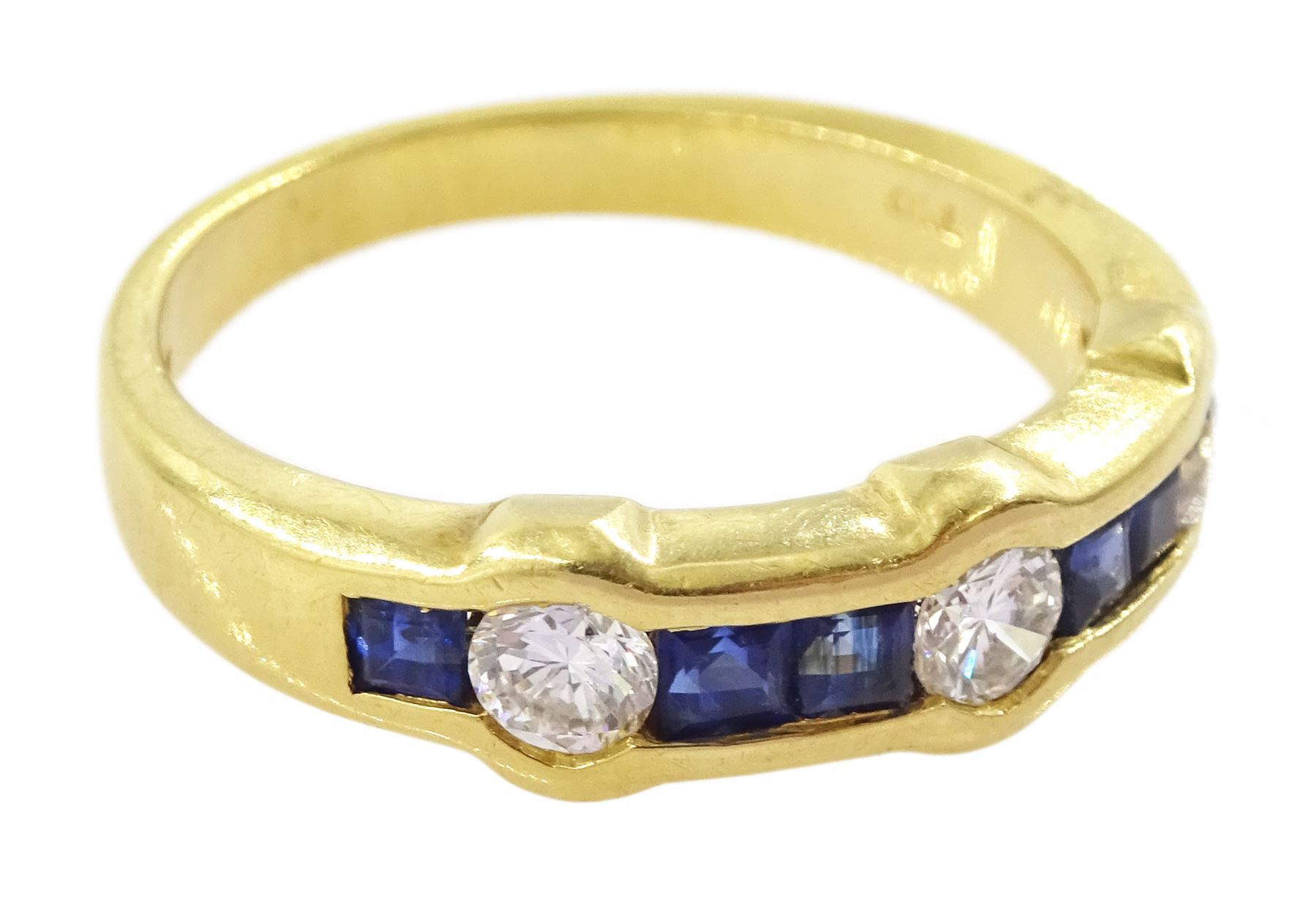18ct gold round brilliant diamond and calibre cut sapphire half eternity ring, Sheffield 1996, total diamond weight approx 0.45 carat
