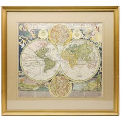 Johann Baptist Homann (German 1664-1724): 'Planiglobii Terrestris cum utroq Hemisphaerio Caelesti Generalis Exhibitio', early 18th century engraved double hemisphere world map with hand-colouring with double hemisphere celestial charts and scenes of natural phenomenon pub. Nuremberg c.1720, 48cm x 54cm