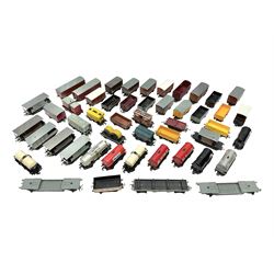  Hornby Dublo - forty-three goods wagons including nine tank wagons (Esso, Mobil, Vacuum, UD and Traffic Services), brake vans, meat and fish wagons, bogie well and bolsters, cable drums, open wagons, salt and grain wagons, etc; and six others by Tri-ang etc; all unboxed (49)