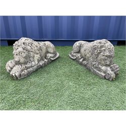 Pair composite stone recumbent lions - THIS LOT IS TO BE COLLECTED BY APPOINTMENT FROM DUGGLEBY STORAGE, GREAT HILL, EASTFIELD, SCARBOROUGH, YO11 3TX