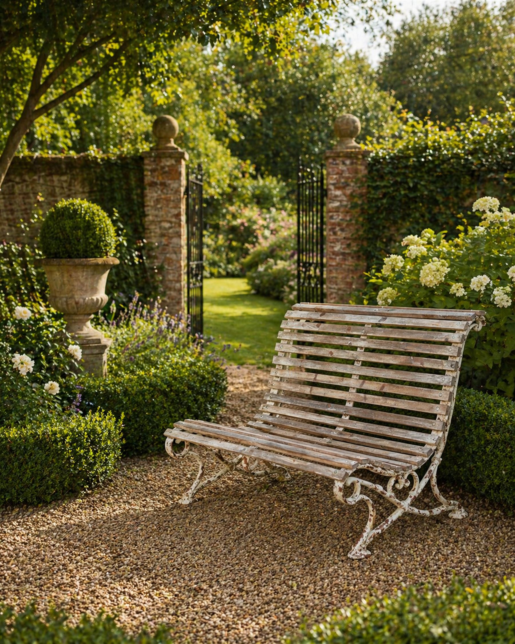19th century cast iron and wood slatted garden bench, high scroll back form, low X shaped base, finished in distressed white paint