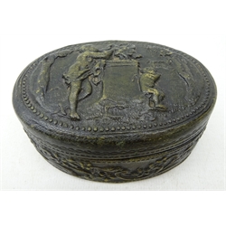  19th century pressed green leather oval box and cover decorated with a Classical Scene, W10cm, a George V ebony Conductors Baton, silver handle hallmarked London 1934, L44.5cm, a Victorian Paper Knife, bone blade, handle with Atlas supporting a polished Agate sphere, L22cm (3)  