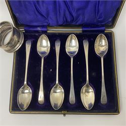 Set of six Edwardian silver teaspoons, each with initial to terminal, hallmarked Sheffield 1902, in fitted case, together with a silver napkin ring