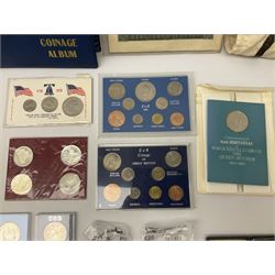 Great British and World coins, including Canadian 1975 dollar, United States of America 1975 proof set and bicentennial silver uncirculated set 1776-1976, Queen Elizabeth II Gibraltar 1977 sterling silver proof twenty-five pence, cased with certificate, New Zealand 1979seven coin set in blue wallet,  GB pre-decimal coins etc