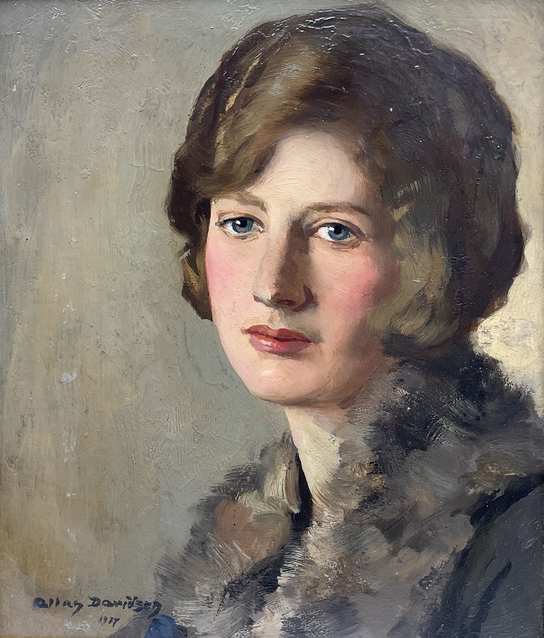 Allan Douglas Davidson (British 1873-1932): 'Portrait of Miss Violet Kyrke-Smith', oil on board signed and dated 1927, titled verso 29cm x 25cm 