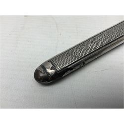 Late WW2 German Army Officers dress dagger, with unmarked 25cm double edged steel blade, orange celluloid grip, pommel and ferrule with oakleaves relief and cross guard with eagle; in original beaded scabbard with two hanging rings L39.5cm overall