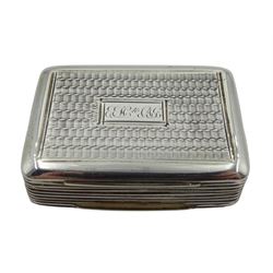 George IV silver small lidded box, engine turned decoration, the cartouche with engraved 'EEH To CAG' by Ledsam & Vale, Birmingham 1827