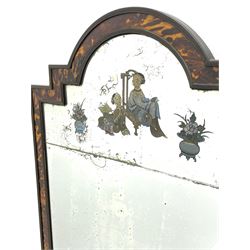 Late 19th century tortoiseshell framed wall mirror, double stepped arch pediment, decorated with Japanese figures and potted plants, bevelled glass plates surrounded by moulded slips
