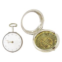 George III silver pair cased mock pendulum verge fusee pocket watch by William Crayton, London, No. 7391, the balance cock embossed with cherub decoration, white enamel dial with Arabic numerals and bull's eye glass, case by Thomas Sones, London 1761