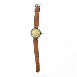 Silver cased trench watch enamel dial with Roman numerals, red XII, Longines movement, use...