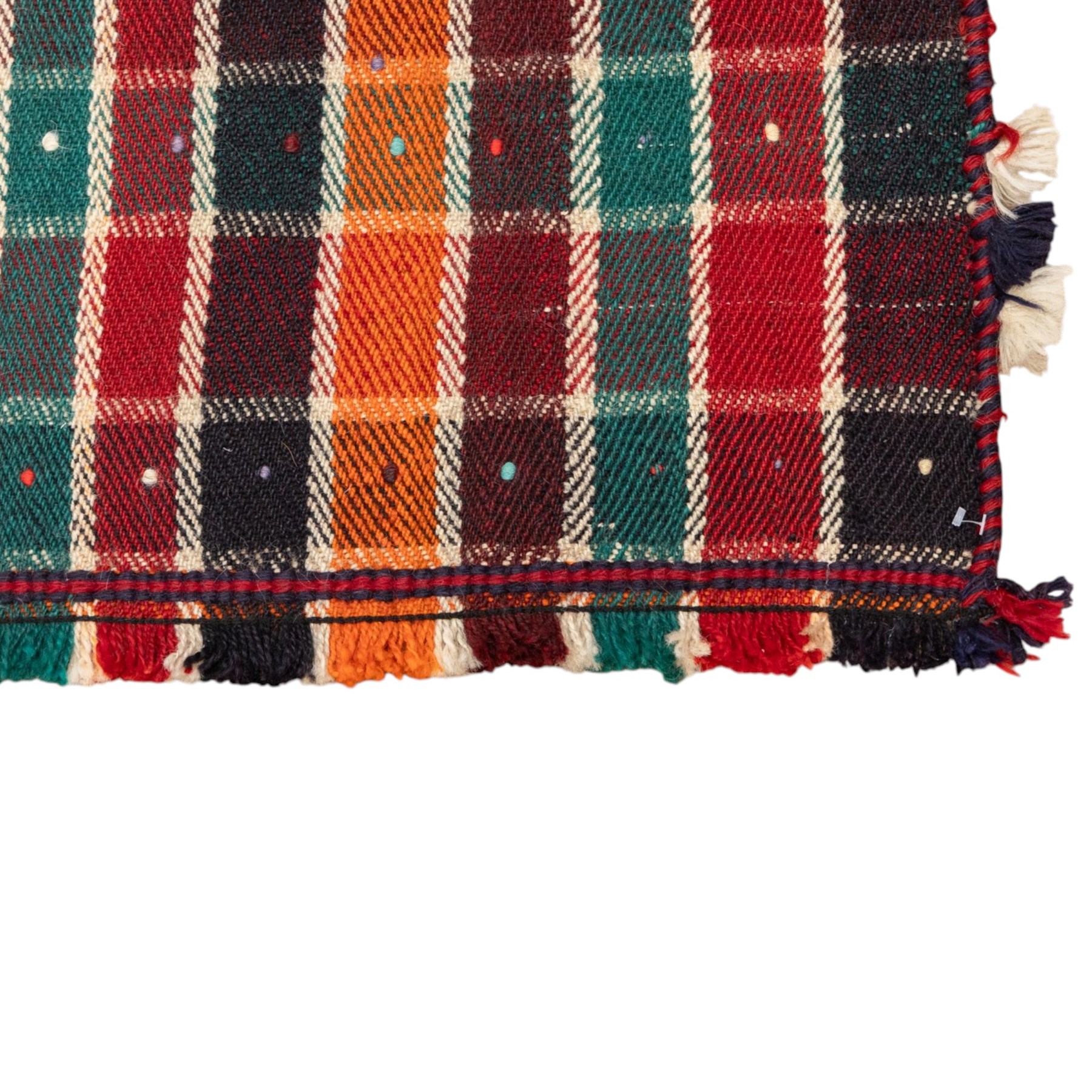 South West Persian Jajim kilim, formed from two joined flatwoven panels, patterned with intersecting stripes in red, orange, green, dark brown and ivory forming a checked design, scattered coloured dot motifs, multicoloured wool tassels along the sides