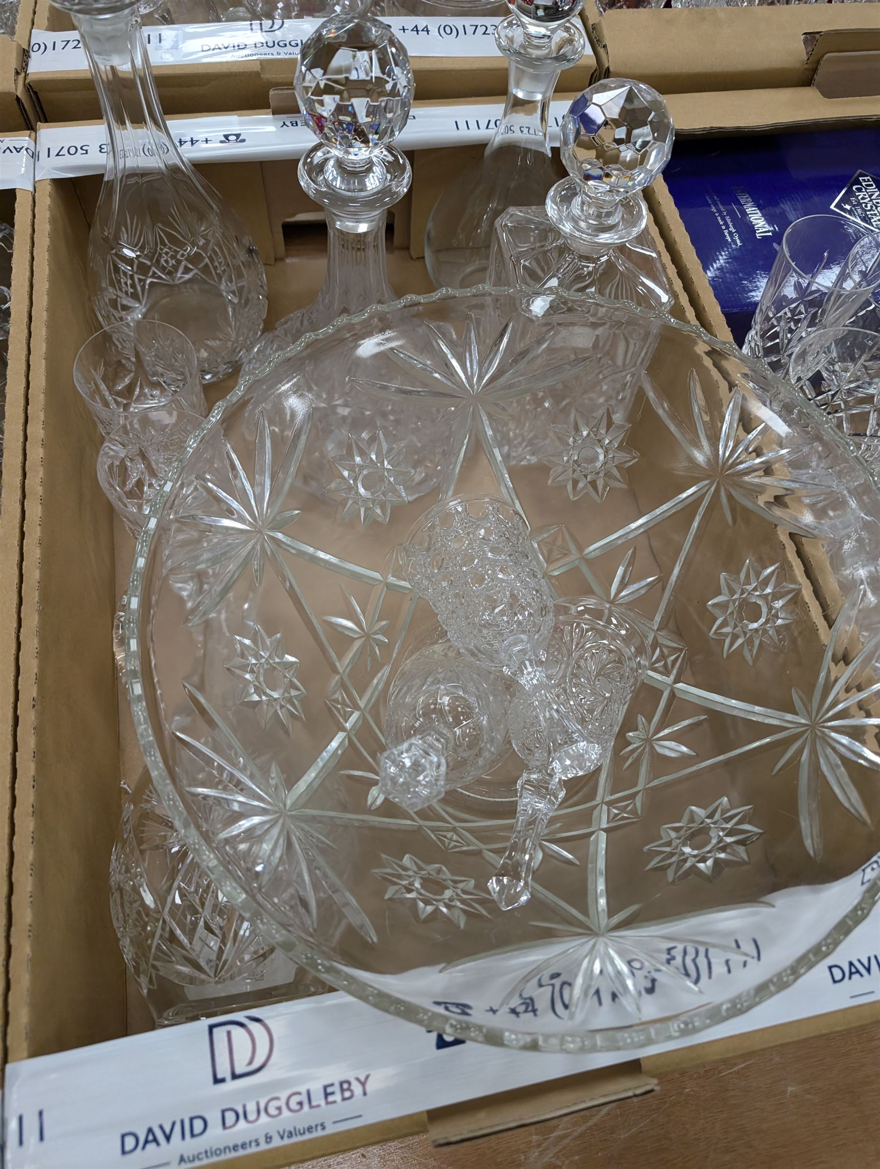 Large collection of glassware, including two ship decanters, Edinburgh crystal, Royal Doulton, red glass, etc in six boxes 