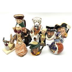 Ceramics including Royal Doulton 'Aerobic Bunnykins', toby jug 'Old Charlie', character jugs 'Beefeater', 'Pied Piper' and 'Town Crier', various other Royal Doulton items and three Royal Crown Derby paperweights, duck and bear with silver stoppers and a robin with gold stopper
