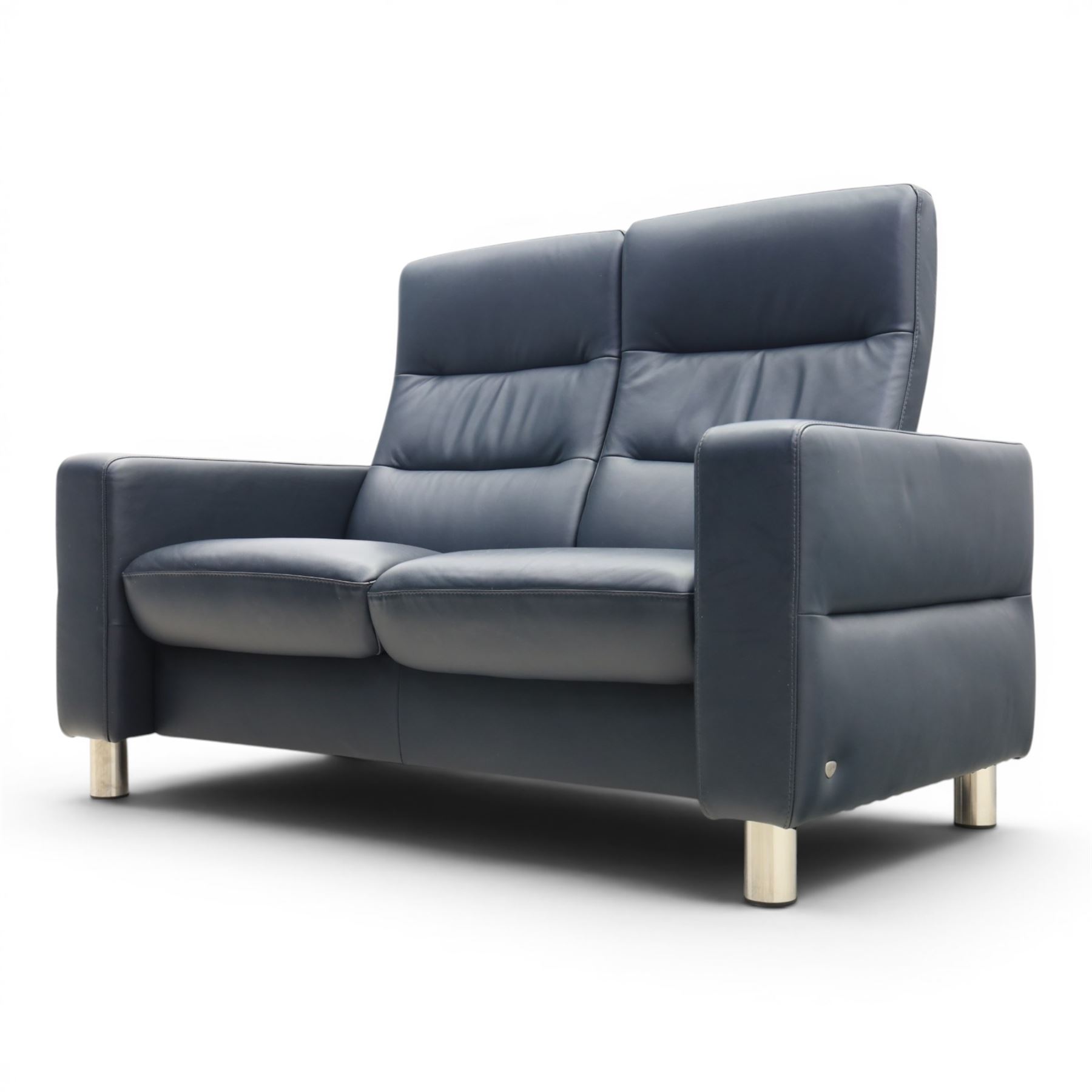 Ekornes - Stressless 'Wave' two seater sofa, upholstered in blue leather, independent recline mechanism, raised on cylindrical chrome supports