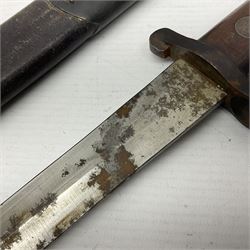 British Pattern 1888 knife bayonet, the 30.5cm double edged blade with raised central medial ridge; in leather covered scabbard L40.5cm overall