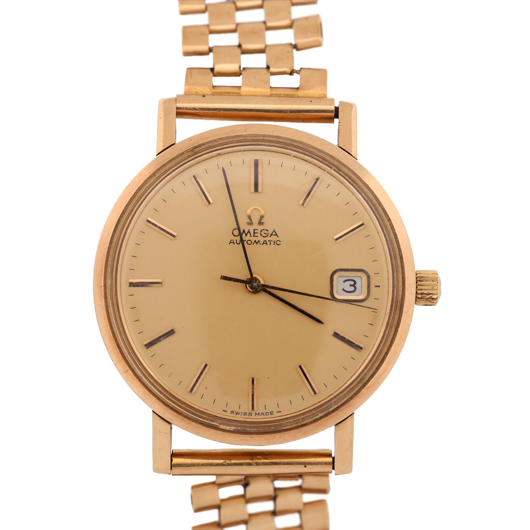 Omega gentleman's 9ct gold automatic wristwatch, gilt dial with baton hour markers and date aperture, back case engraved Tool 106, on a 9ct gold brick link bracelet, London 1976