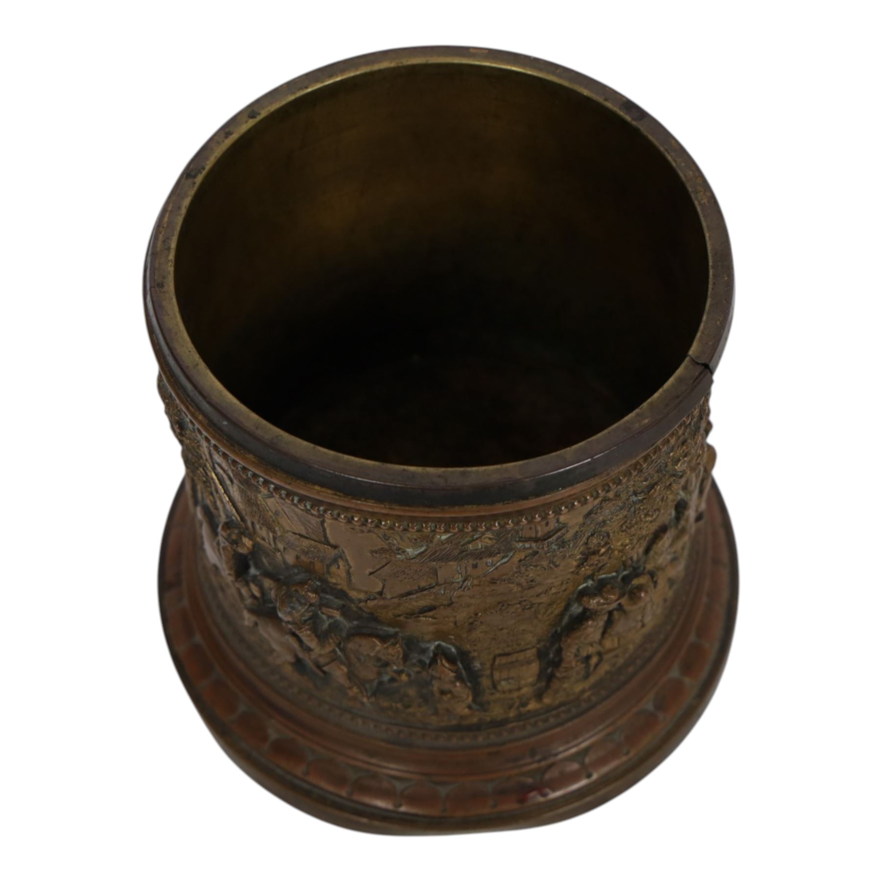 T & E of Paris, gilt bronzed white metal circular jar, decorated with high relief scenes after Tenniers, impressed mark beneath, H11cm