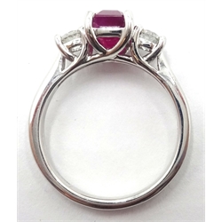  18ct white gold ruby and diamond three stone ring, hallmarked ruby approx 1.8 carat  