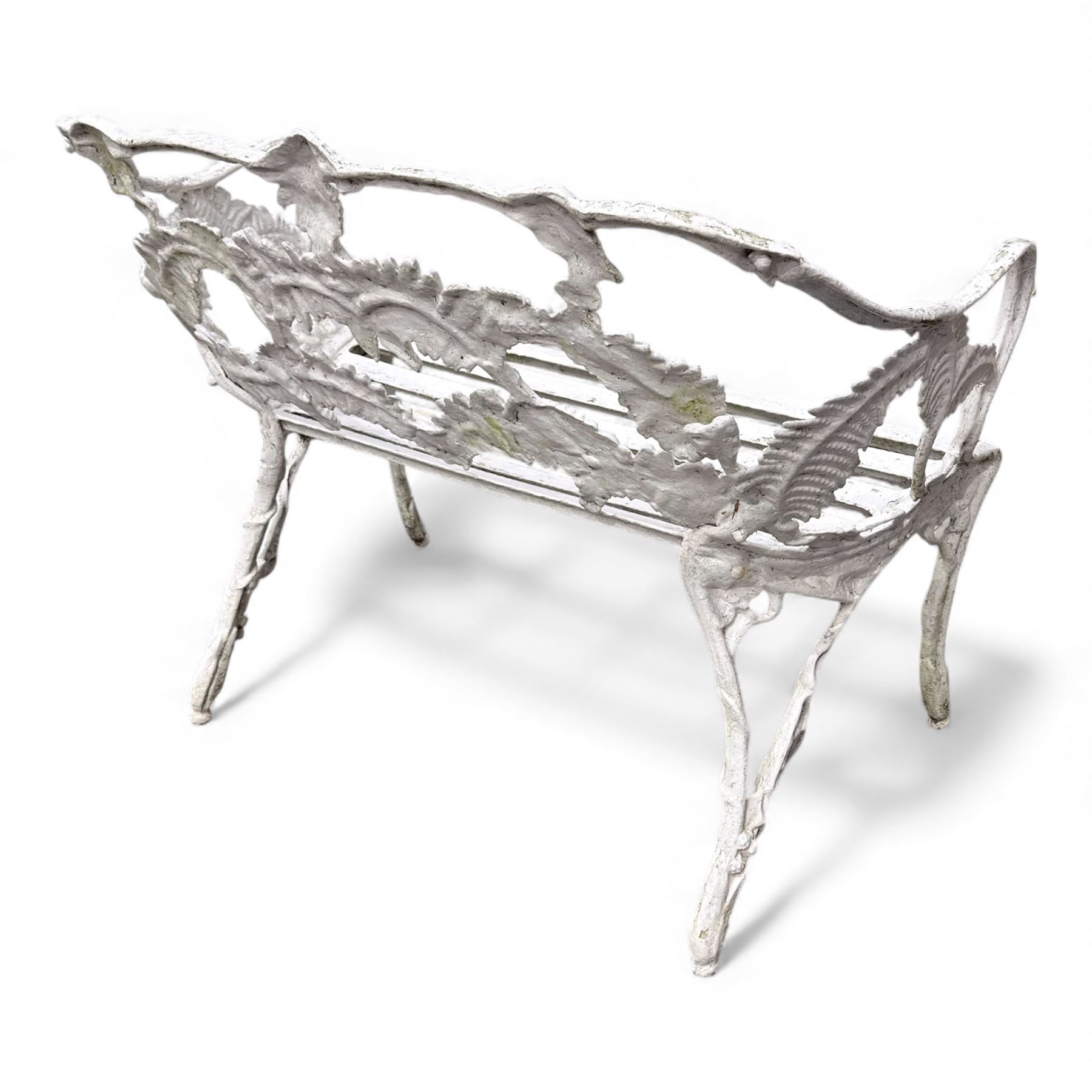 Pair of cast aluminium white painted Coalbrookdale design 'fern and blackberry' garden benches