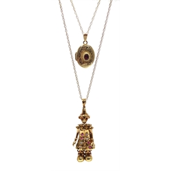 Gold stone set rag doll pendant necklace and gold garnet locket pendant necklace, all 9ct hallmarked or stamped