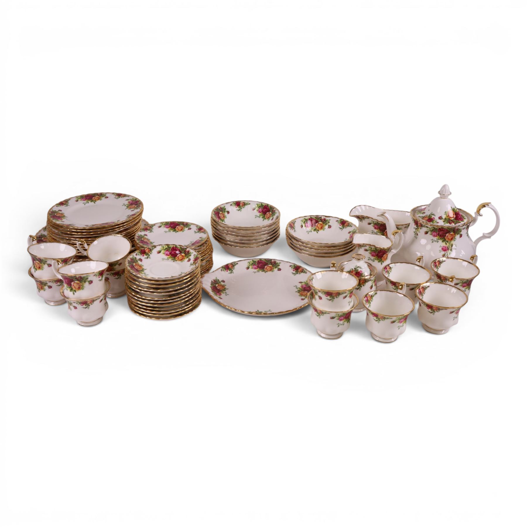 Royal Albert Old Country Roses tea and dinner service for twelve, including teapot, milk jug,  covered sucrier, cups and saucers, dinner plates, side plates, bowls etc