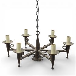 20th century wrought iron six branch chandelier, the central baluster stem issuing six scr...