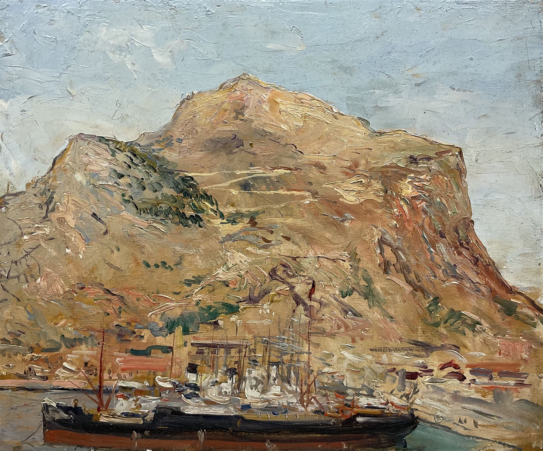 Alexander Jamieson (Scottish 1873-1937): 'Palermo Harbour', oil sketch on panel, inscribed and titled verso 37cm x 46cm (unframed)
