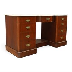 Victorian mahogany pedestal dressing table, shaped white marble top over central frieze drawer, flanked by two pedestal cupboards with four dummy drawer fronts and ornate brass handles, recessed kneehole with platform base, on plinth supports